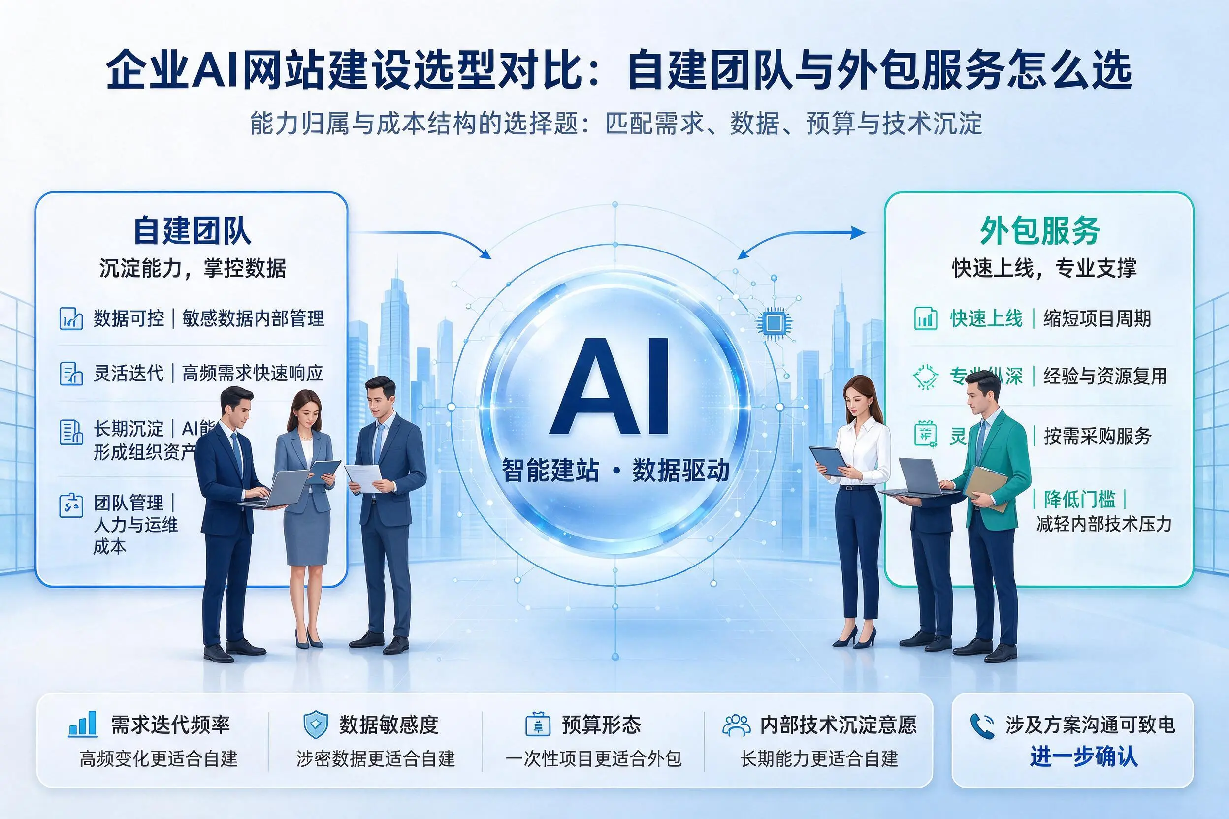五指山企业AI网站建设选型对比:自建团队与外包服务怎么选